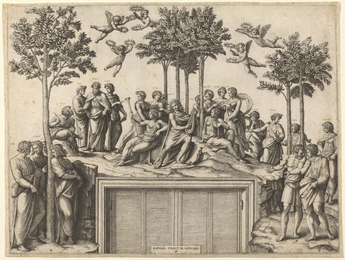 "Apollo on Parnassus," 1515/1520, by Marcantonio Raimondi after Raphael. Engraving sheet: 14 1/2 inches by 19 1/16 inches. Ailsa Mellon Bruce Fund, National Gallery of Art, Washington. (National Gallery of Art, Washington)