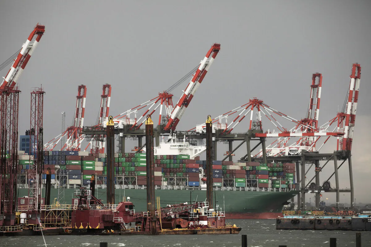 A container ship is docked at Maher Terminals in Elizabeth, N.J., on May 11, 2020. (Mark Lennihan/AP Photo)