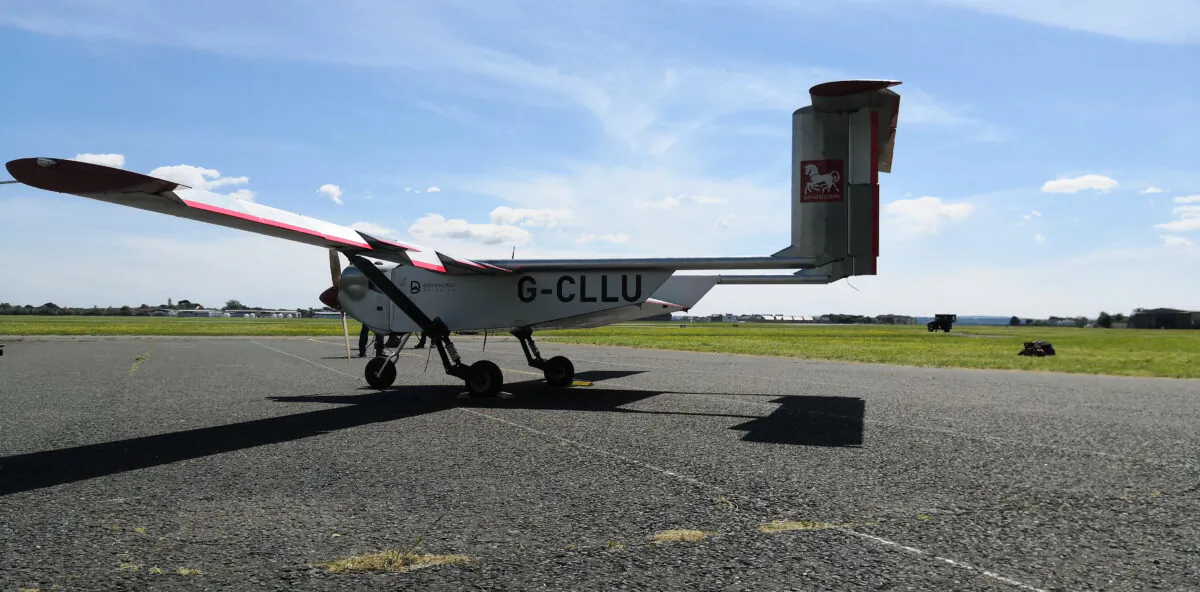 The “Wingracers ULTRA” drone parked by the runway at Solent Airport, in Lee-on-the-Solent, England on May 12, 2020. (James Brooks)