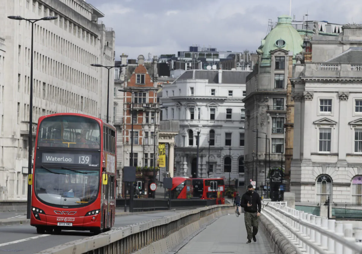 A quiet Waterloo Bridge in London, Britain, on May 13, 2020. (Kirsty Wigglesworth/AP Photo)