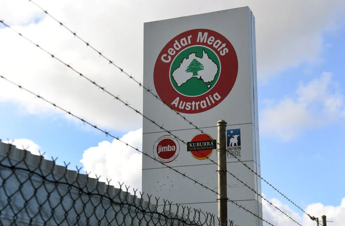 A sign outside Cedar Meats Australia abattoir in Melbourne, Australia on May 4, 2020. (WILLIAM WEST/Getty Images)