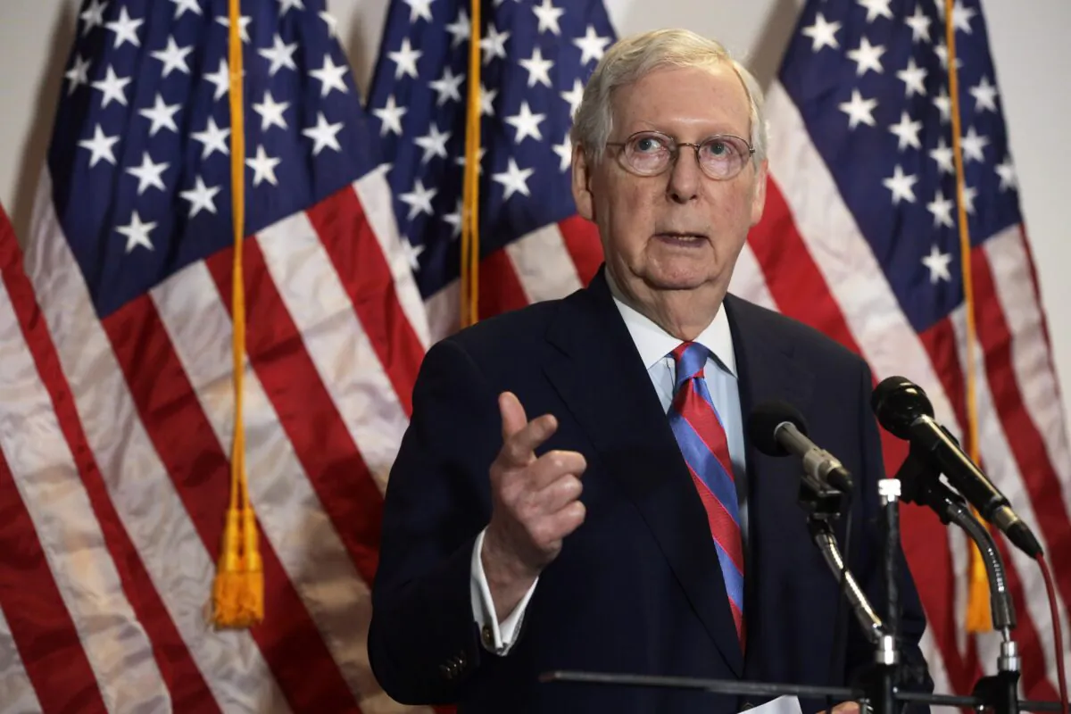 Senate Majority Leader Sen. Mitch McConnell (R-Ky.) speaks to reporters on Capitol Hill in Washington on May 12, 2020. (Alex Wong/Getty Images)