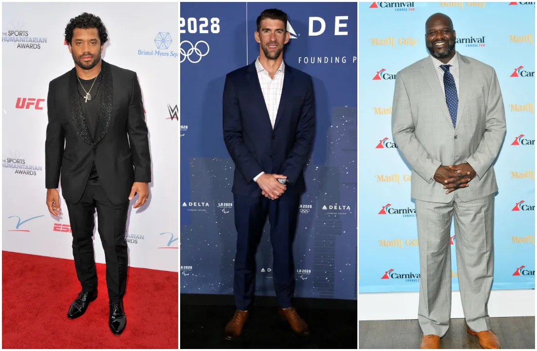 (L-R) Russell Wilson; Michael Phelps; Shaquille O'Neal (Allen Berezovsky/Getty Images; Joe Scarnici/Getty Images for LA28; Mike Coppola/Getty Images for Carnival Cruise Line)