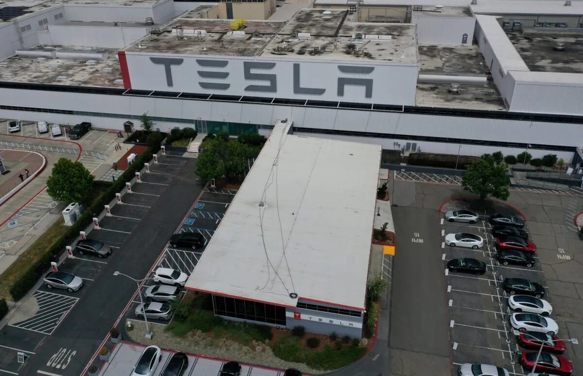 An aerial view of the Tesla Fremont Factory in Fremont, Calif. on May 12, 2020. (Justin Sullivan/Getty Images)