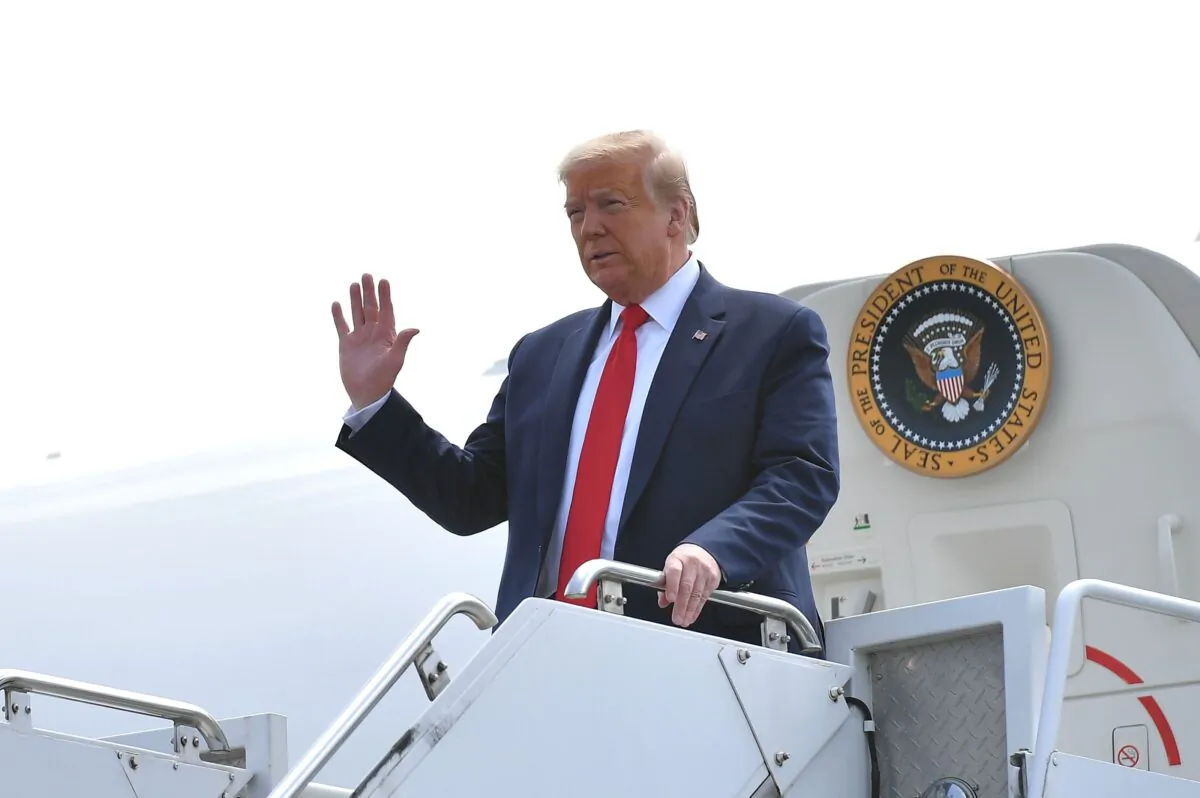 President Donald Trump steps off Air Force One upon arrival at Lehigh Valley International Airport in Allentown, Pa., on May 14, 2020. (Mandel Ngan/AFP via Getty Images)
