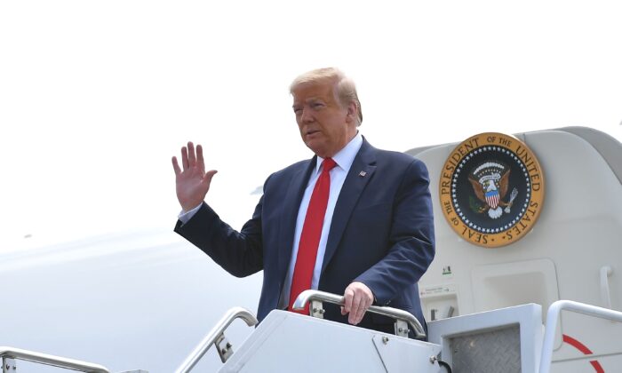 President Donald Trump steps off Air Force One upon arrival at Lehigh Valley International Airport in Allentown, Pa., on May 14, 2020. (Mandel Ngan/AFP via Getty Images)