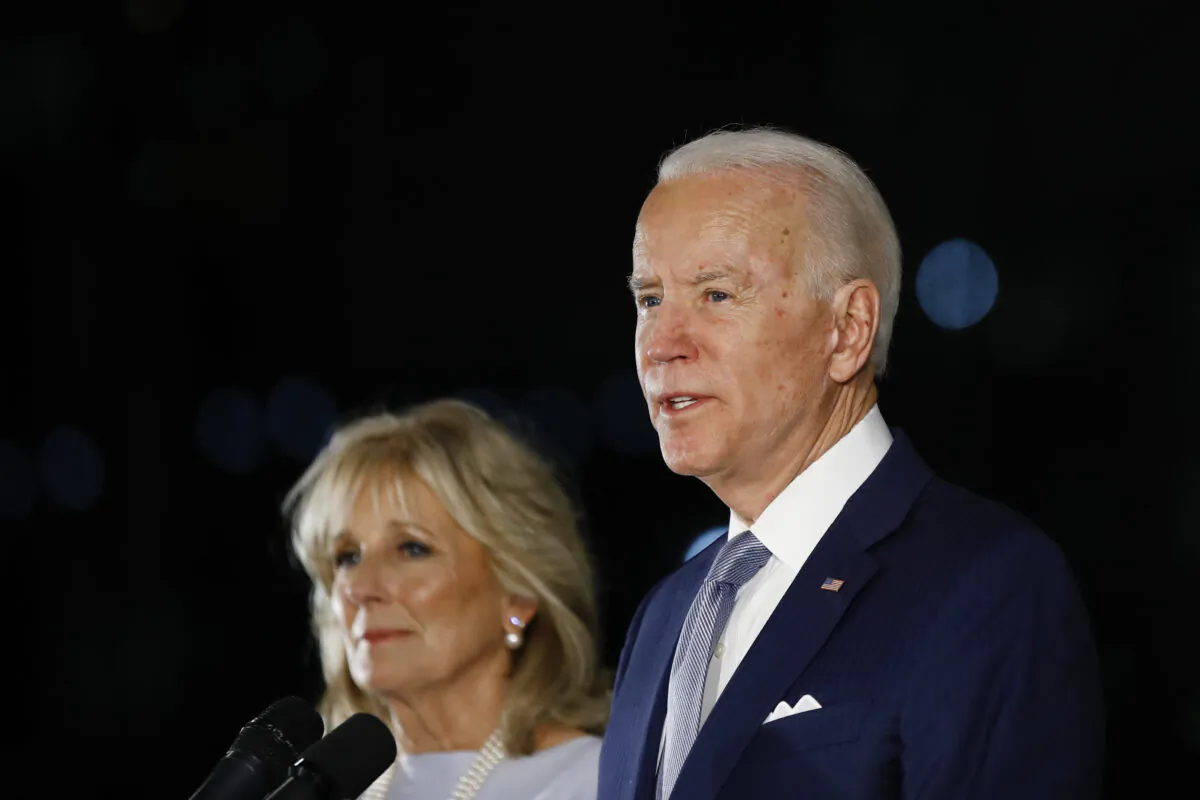 Democratic presidential candidate former Vice President Joe Biden, accompanied by his wife Jill, speaks to members of the press at the National Constitution Center in Philadelphia on March 10, 2020. (Matt Rourke/AP Photo)