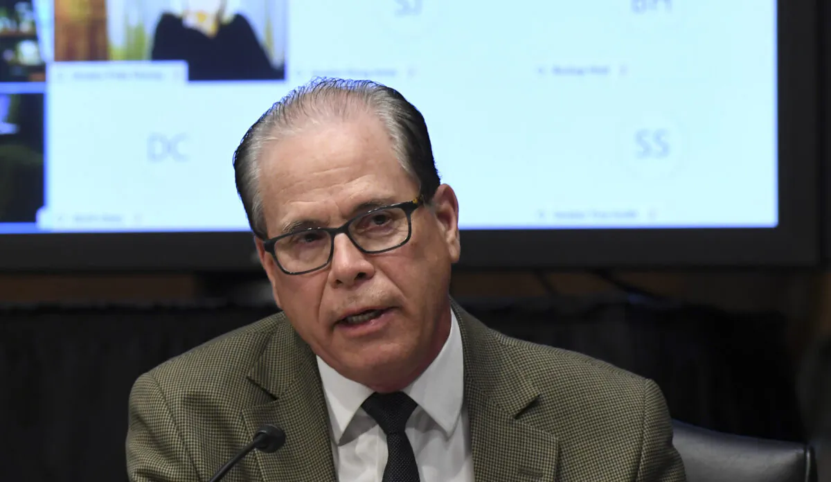 Sen. Mike Braun (R-Ind.) questions the witnesses during the Senate Committee for Health, Education, Labor, and Pensions hearing to examine COVID-19 and Safely Getting Back to Work and Back to School on Tues., May 12, 2020. 
(Toni L. Sandys/The Washington Post/Getty images)