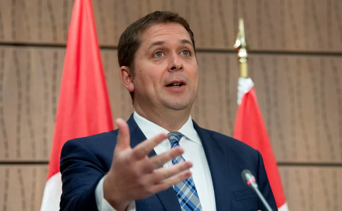 Leader of the Opposition Andrew Scheer gestures as he responds to a question during a news conference in Ottawa, on May 15, 2020. (Adrian Wyld/The Canadian Press)