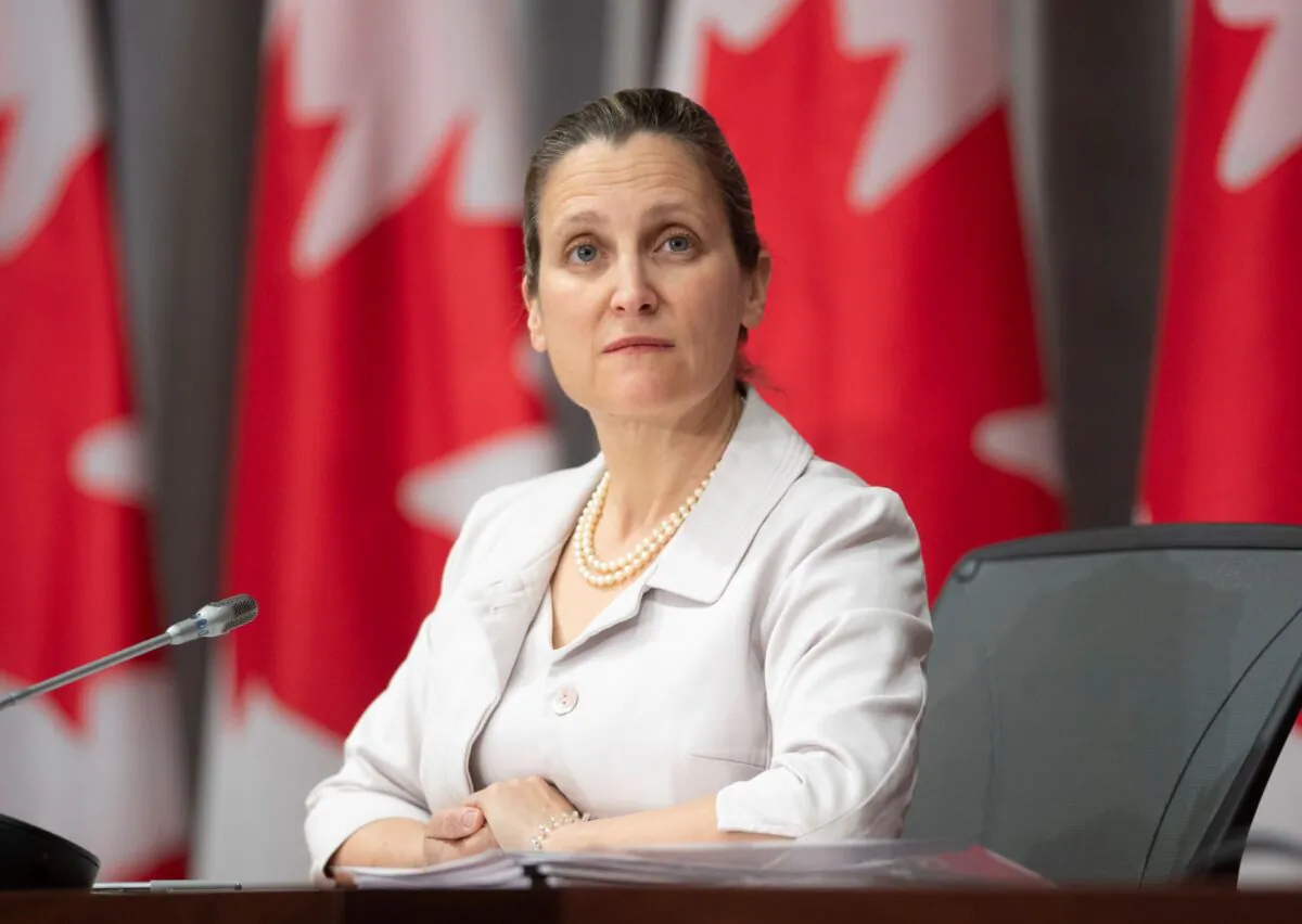 Minister of Intergovernmental Affairs Chrystia Freeland listens to a video conference speaker during a news conference in Ottawa, Friday, May 15, 2020. (Adrian Wyld/The Canadian Press)