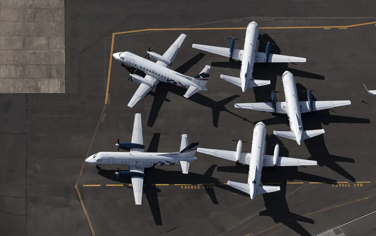 An aerial view of Rex Airlines aircraft at Sydney Airport on April 22, 2020 in Sydney, Australia. (Ryan Pierse/Getty Images)