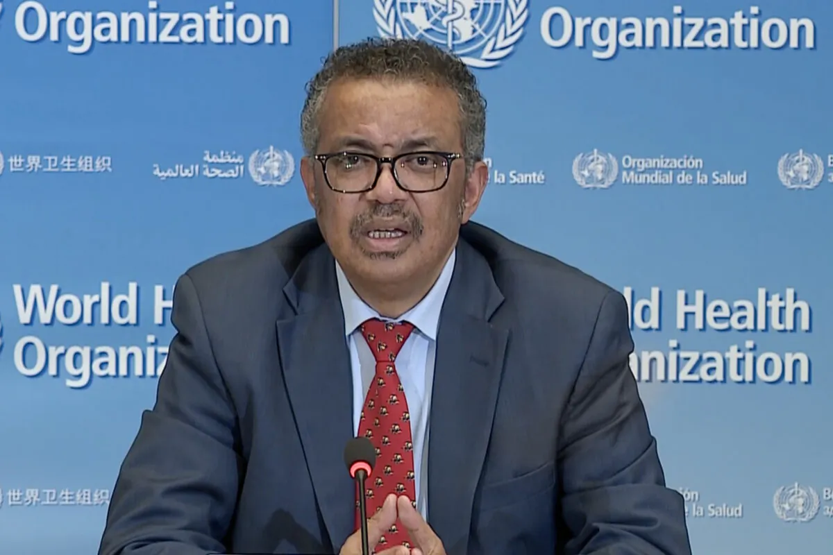 A TV grab taken from a video released by the World Health Organization (WHO) shows WHO Chief Tedros Adhanom Ghebreyesus attending a virtual news briefing on COVID-19 (novel coronavirus) from the WHO headquarters in Geneva on April 6, 2020. (-/AFP via Getty Images)