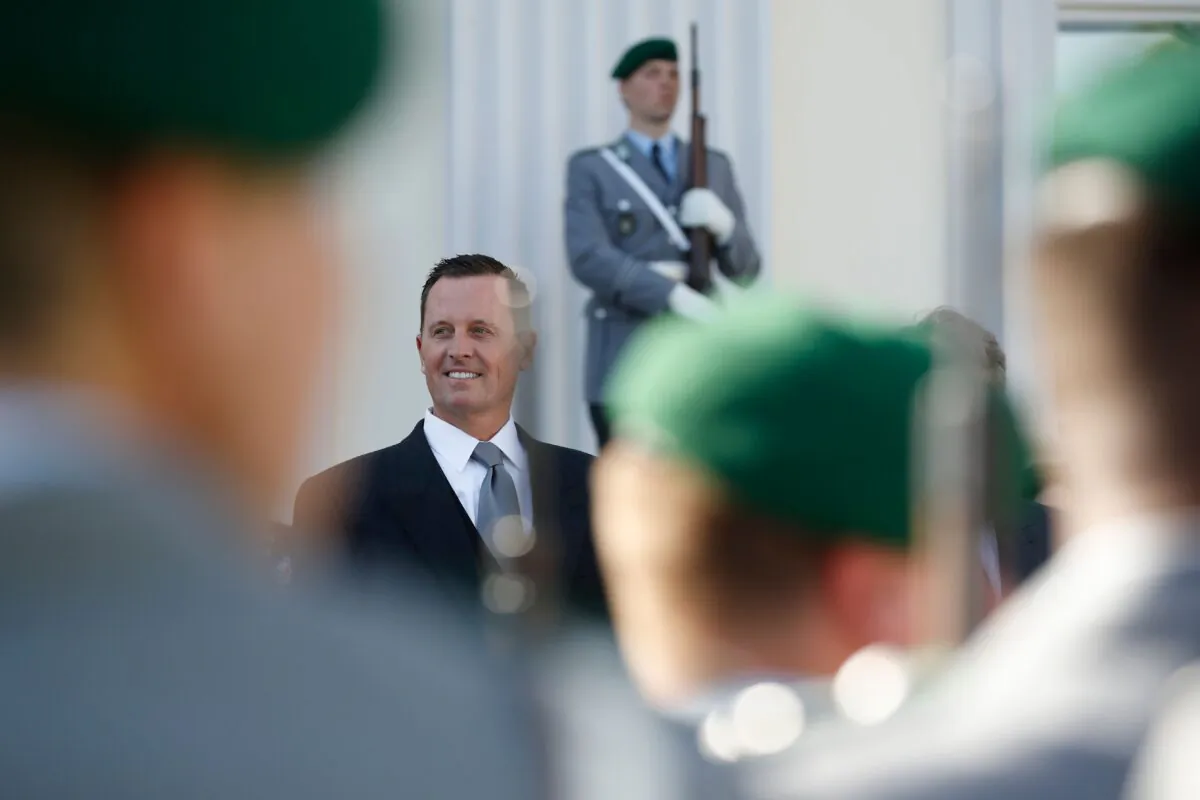 Acting Director of National Intelligence Richard Grenell stands in front of a military honor guard in Berlin, Germany, on May 8, 2018. (Odd Andersen/AFP/Getty Images)
