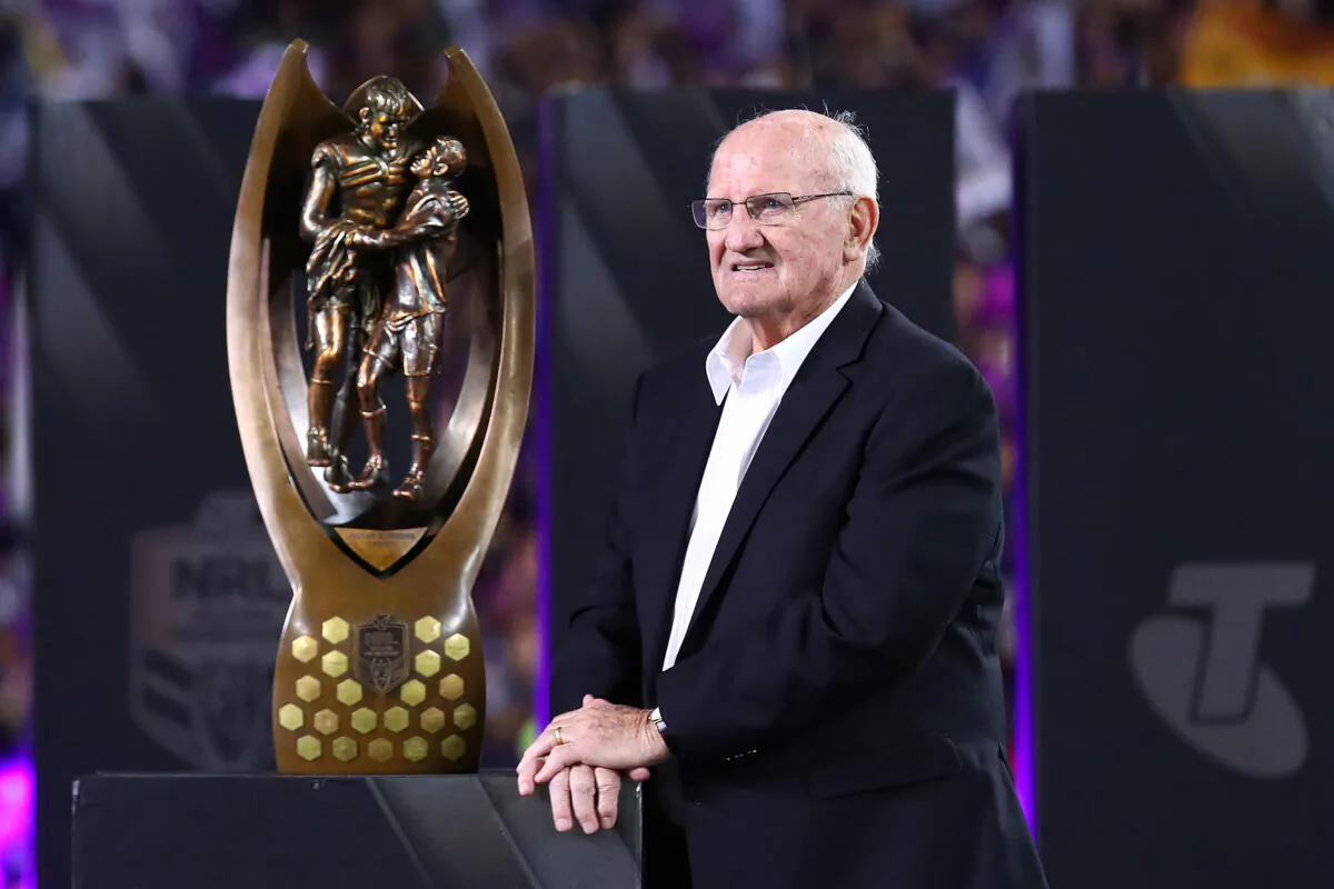 Arthur Summons poses with The Provan-Summons Trophy after the 2017 NRL Grand Final match between the Melbourne Storm and the North Queensland Cowboys at ANZ Stadium in Sydney, Australia, on Oct. 1, 2017. (Mark Kolbe/Getty Images)