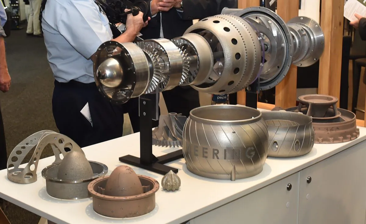 The components of the worlds first 3D printed engine are on display at the Australian International Airshow at the Avalon Airfield, Melbourne on February 27 2015. (PAUL CROCK/Getty Images)