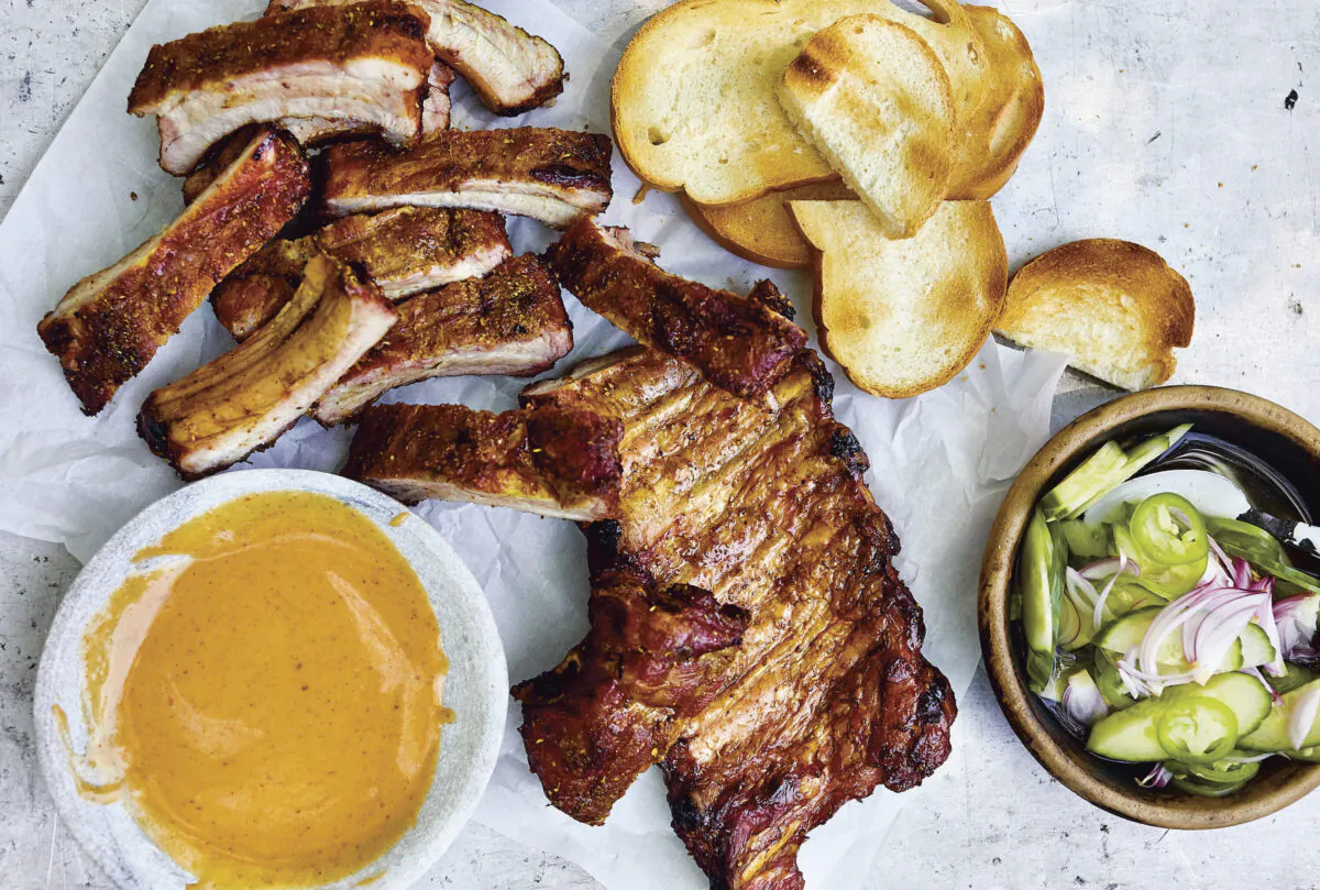 Satay of baby back ribs, Leela Punyaratabandhu's low-and-slow take on Thailand's ubiquitous pork satay: "Think of the ribs as pork meat that nature has already threaded onto skewers." (Photo by David Loftus)