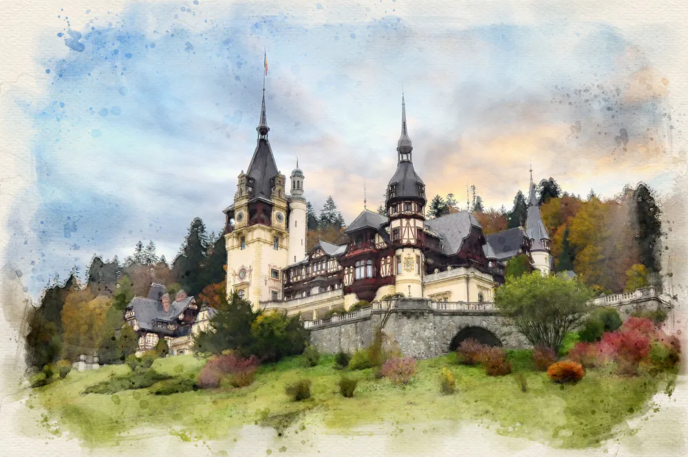 An illustration of Peles Castle in Sinaia, Romania. (Mitzo/Shutterstock)