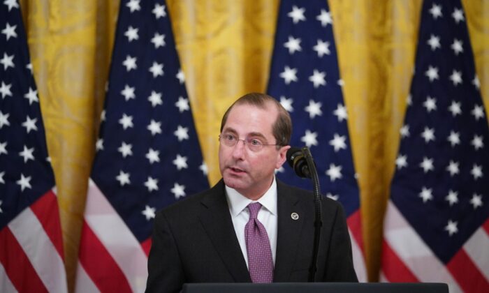 US Secretary of Health and Human Services Alex Azar speaks on protecting Americas seniors from the COVID-19 pandemic in the East Room of the White House on April 30, 2020. (MANDEL NGAN/AFP via Getty Images)