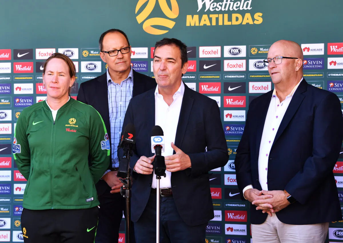 SA Premier Steven Marshall speaks to media with Mel Andreatta Matilda's assistant coach, Corey Wingard Minister for Police, Emergency Services and Correctional Services and David Ridgway Minister for Trade, Tourism and Investment) during a Matildas media opportunity on August 31, 2019 in Adelaide, Australia. (Mark Brake/Getty Images)