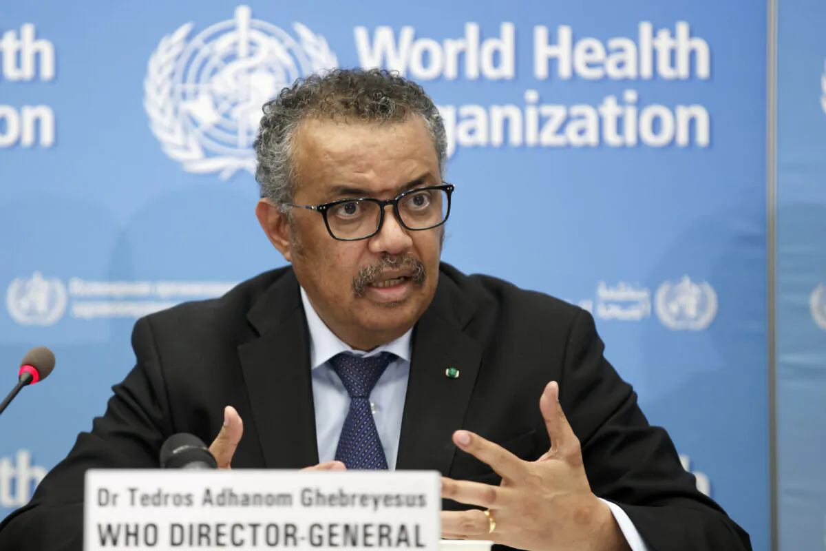 In this Feb. 24, 2020 file photo, Tedros Adhanom Ghebreyesus, head of the World Health Organization (WHO), addresses a press conference about the update on COVID-19 at the World Health Organization headquarters in Geneva, Switzerland. (Salvatore Di Nolfi/Keystone via AP)
