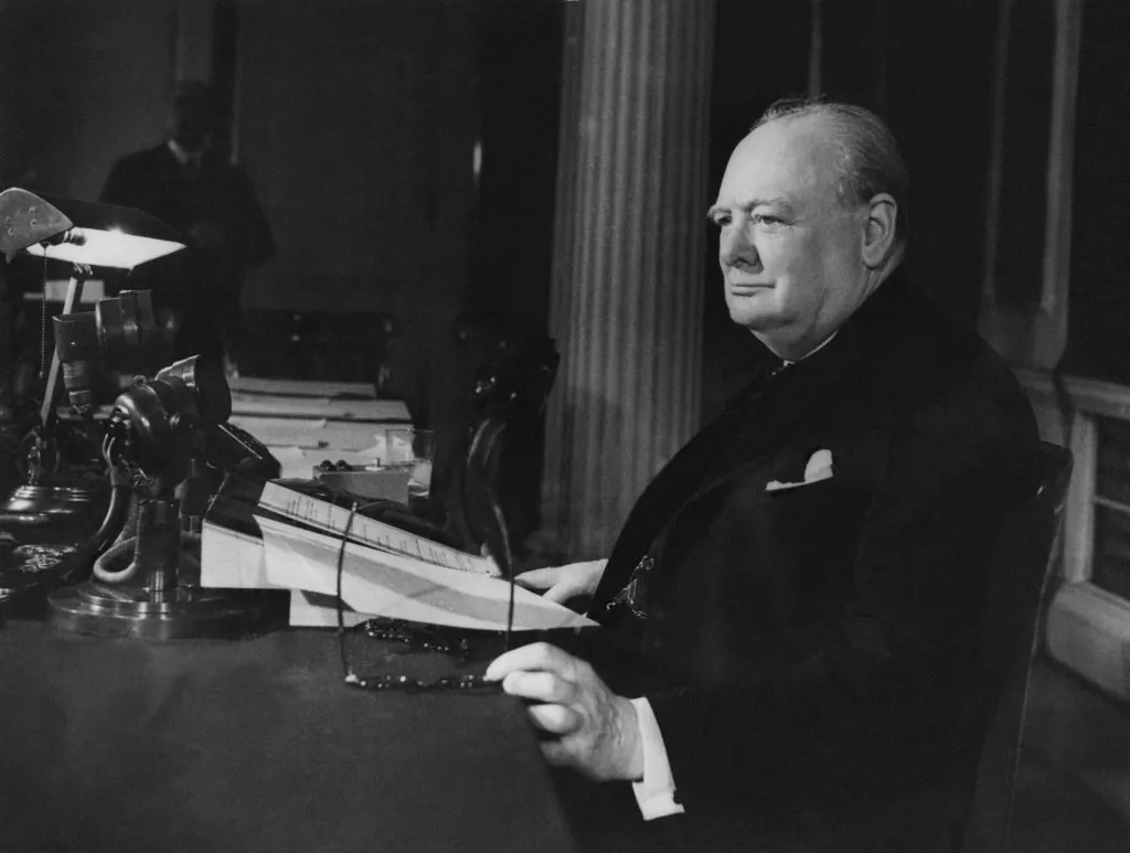Great Britain Prime Minister Winston Churchill makes his VE Day Broadcast to the world on May 8, 1945. (Keystone/Getty Images)
