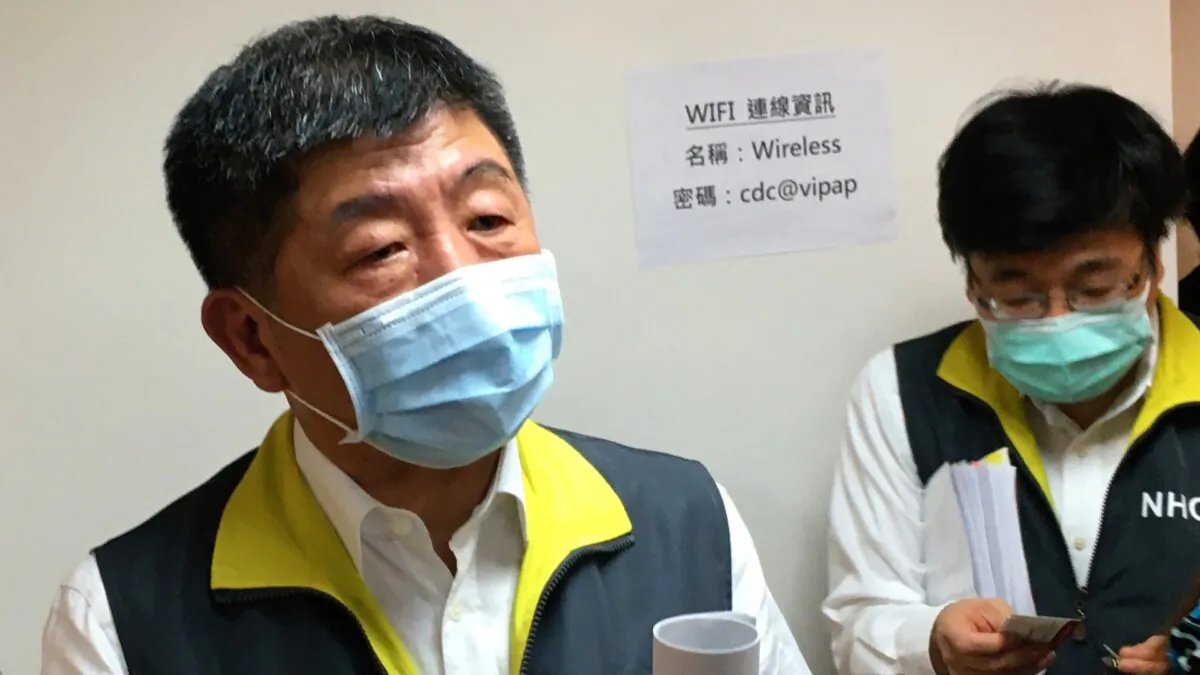 Taiwan Health Minister Chen Shih-chung speaks to the Taipei Foreign Correspondents' Club about the CCP virus outbreak, at Taiwan's Centers for Disease Control in Taipei on May 6, 2020. (Ben Blanchard/Reuters)