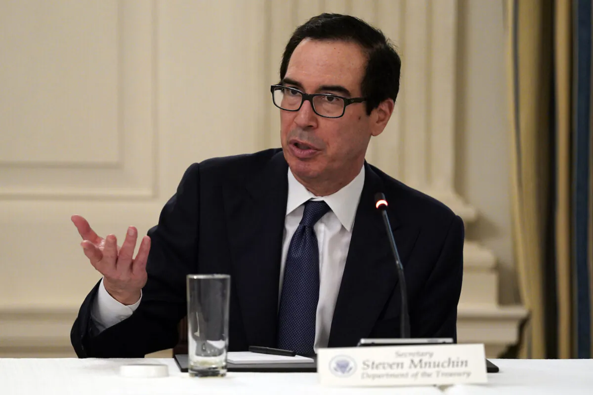 Treasury Secretary Steven Mnuchin speaks during a meeting with restaurant industry executives about the COVID-19 response, in Washington on May 18, 2020. (AP Photo/Evan Vucci)