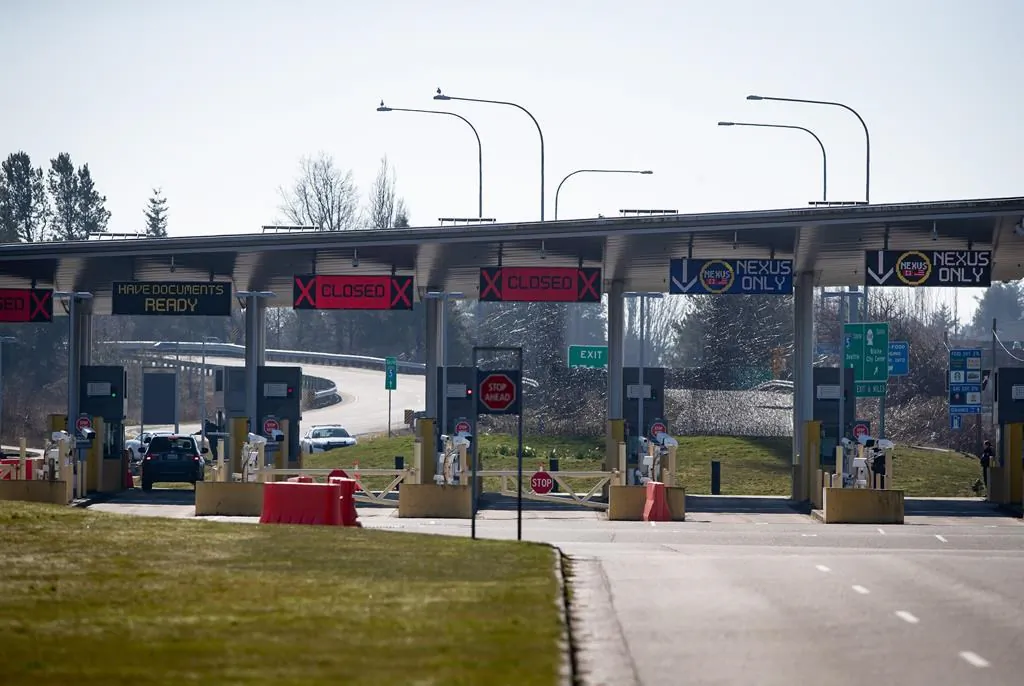 The U.S. port of entry into Blaine, Wash., is seen at a very quiet Douglas-Peace Arch border crossing, amid concerns about the spread of the coronavirus in Surrey, B.C., on Wednesday, March 18, 2020. The United States has agreed to Canada's request to extend the mutual ban on non-essential cross-border travel until June 21. (Darryl Dyck/The Canadian Press)