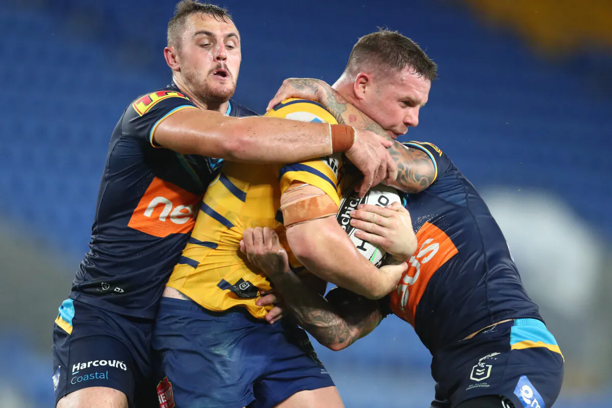 Nathan Brown of the Eels is tac during the round 2 NRL match between the Gold Coast Titans and the Parramatta Eels at Cbus Super Stadium on March 22, 2020 in Gold Coast, Australia. (Chris Hyde/Getty Images)