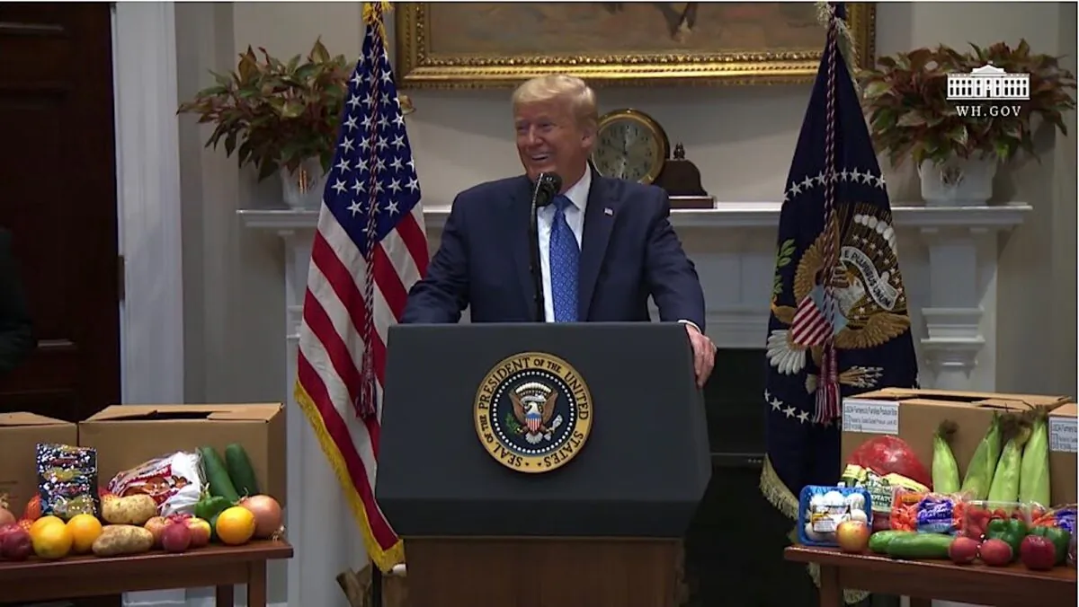 President Donald Trump delivers remarks on supporting farmers, ranchers, and the food supply chain, at the White House, in Washington, on May 19, 2020. (Screengrab via The White House/YouTube)