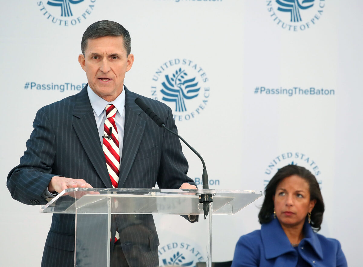 White House national security adviser Susan Rice listens to incoming White House national security adviser Michael Flynn speak at the 2017 Passing The Baton conference at the United States Institute of Peace in Washington on Jan. 10, 2017. (Mark Wilson/Getty Images)