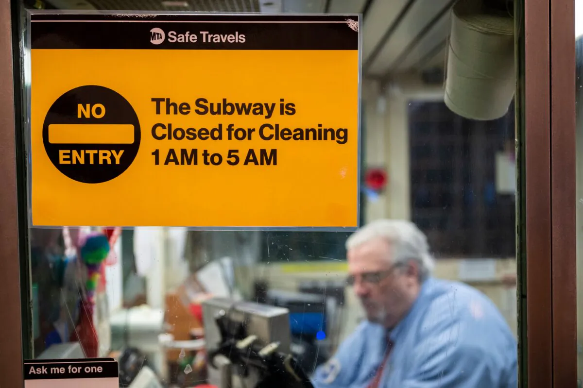 A sign stating the New York City subway is closed is displayed on a Mass Transit Authority (MTA) ticket booth at the Coney Island station in Brooklyn, N.Y., on May 6, 2020. (Corey Sipkin/AFP via Getty Images)