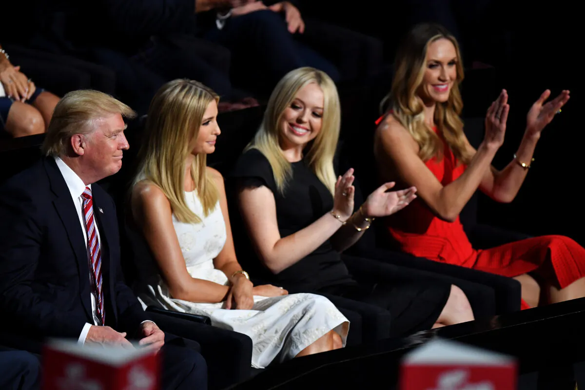 Tiffany Trump and Lara Trump (then Lara Yunaska) at the Republican National Convention along with then Republican presidential candidate Donald Trump, and Ivanka Trump, at the Quicken Loans Arena in Cleveland, Ohio, on July 20, 2016. (Jeff J Mitchell/Getty Images)