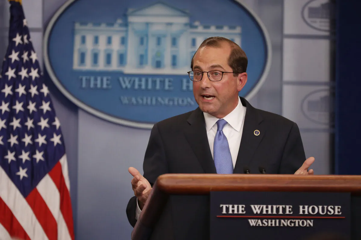 U.S. Health and Human Services Secretary Alex Azar takes questions from reporters in the Brady Press Briefing Room at the White House in Washington on May 11, 2018. (Chip Somodevilla/Getty Images)