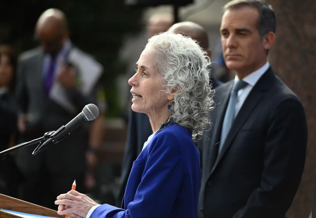 Los Angeles County Public Health director Barbara Ferrer speaks as Mayor Eric Garcetti (R) looks on at a press conference in Los Angeles, Calif., on March 4, 2020. (Robyn Beck/AFP via Getty Images)
