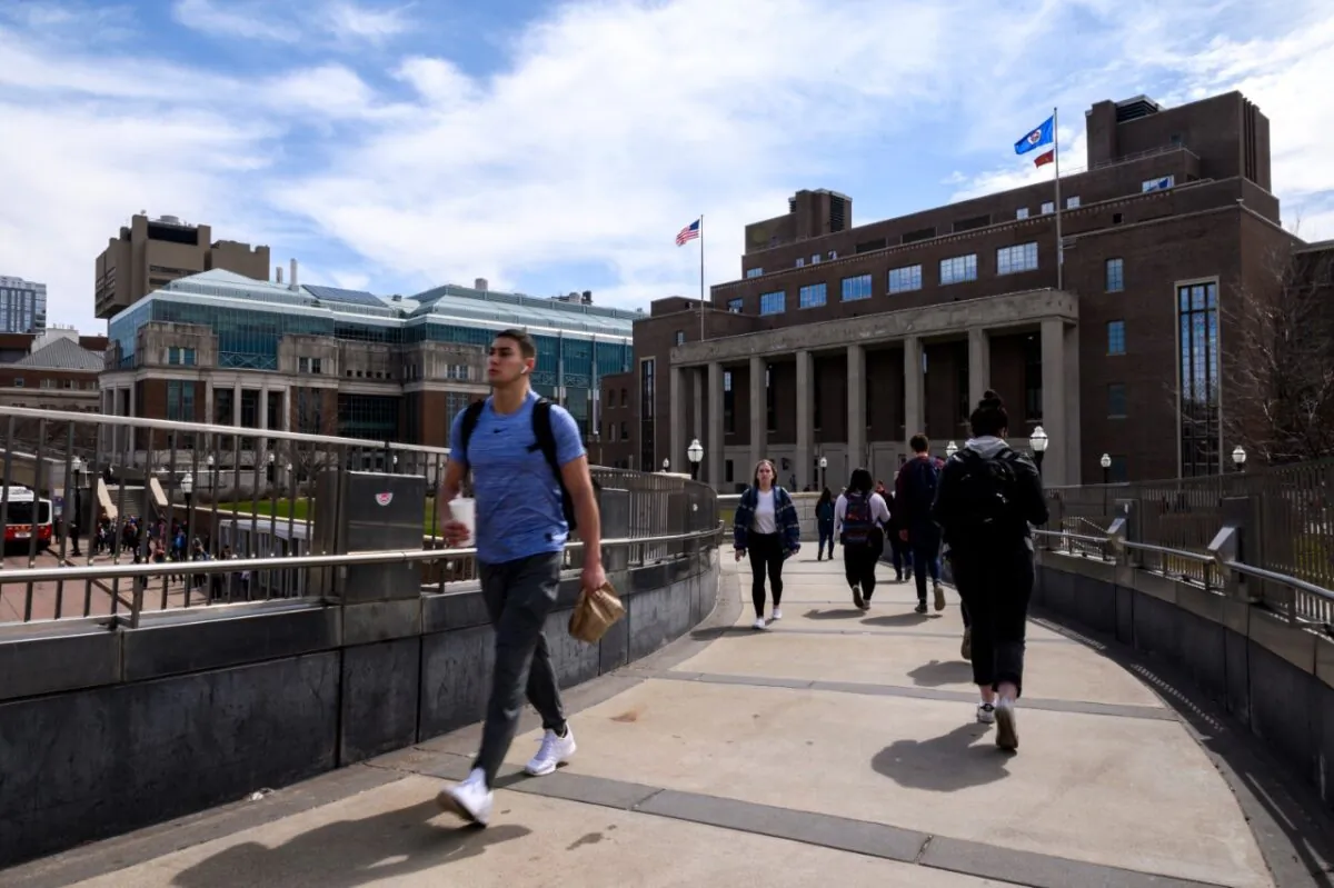 A pedestrian passes by on the University of Minnesota campus in Minneapolis on April 9, 2019. The university closed its Confucius Institute in 2019. (Stephen Maturen/Getty Images)
