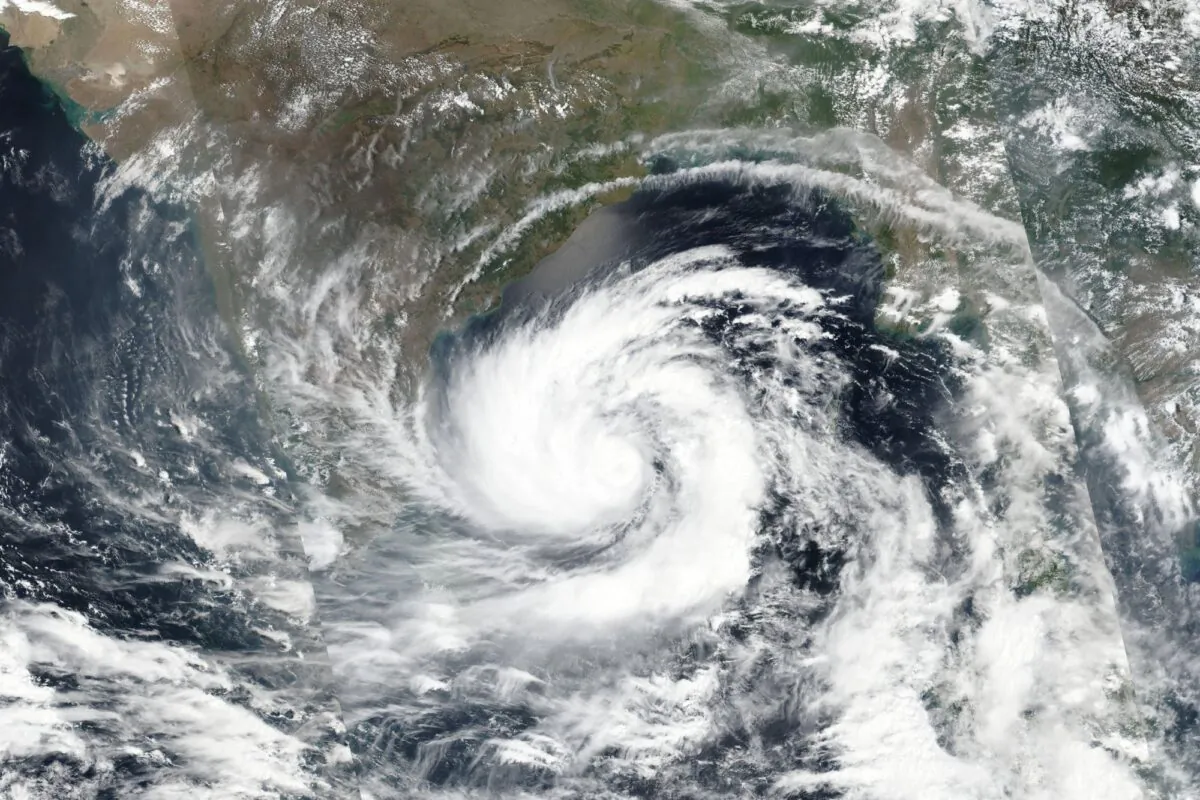 This May 17, 2020, satellite image released by NASA shows Cyclone Amphan over the Bay of Bengal in India. (NASA Worldview, Earth Observing System Data and Information System (EOSDIS) via AP)