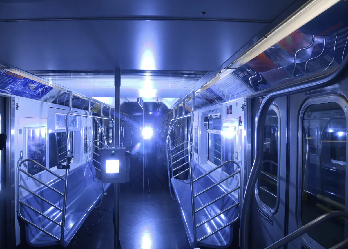 Demonstration of UV disinfecting technology at the Corona Maintenance Facility in New York City on May 19, 2020. (Marc A. Hermann/MTA New York City Transit)