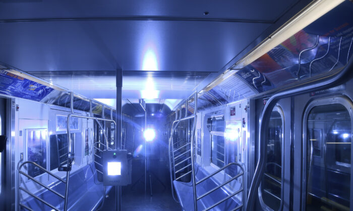 Demonstration of UV disinfecting technology at the Corona Maintenance Facility in New York City on May 19, 2020. (Marc A. Hermann/MTA New York City Transit)