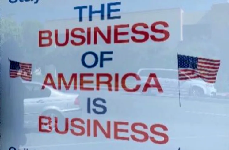 A sign supporting American business hangs in the window of a shop that has been closed due to the COVID-19 pandemic, in Los Angeles, Calif. (Courtesy of shopkeeper)