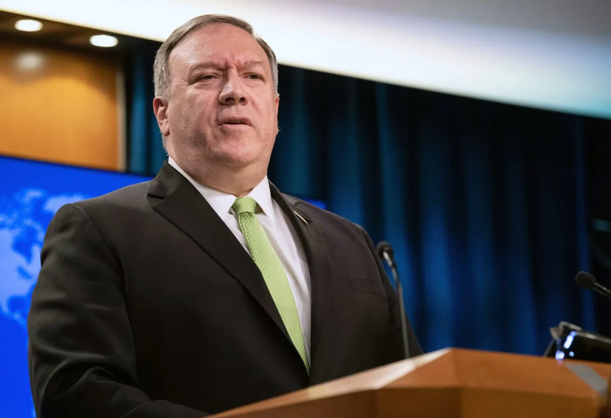 Secretary of State Mike Pompeo speaks during a press briefing at the State Department in Washington on May 20, 2020. (Nicholas Kamm/Pool via AP)