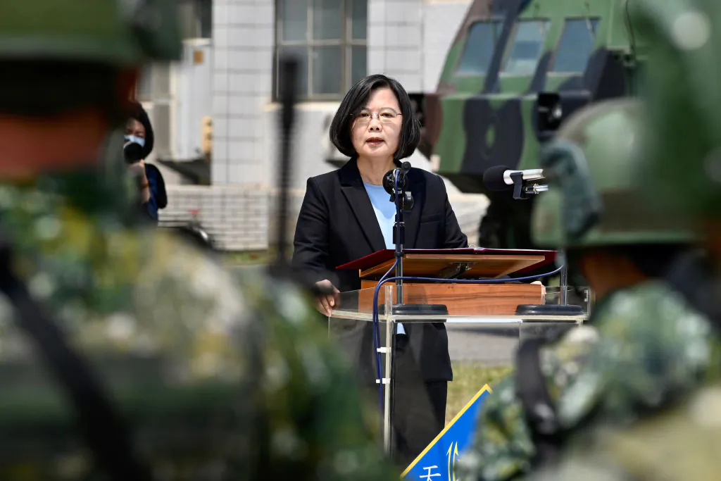 Taiwan President Tsai Ing-wen delivers her address to soldiers amid the coronavirus pandemic during her visit to a military base in Tainan, Taiwan, on April 9, 2020. (Sam Yeh/AFP via Getty Images)