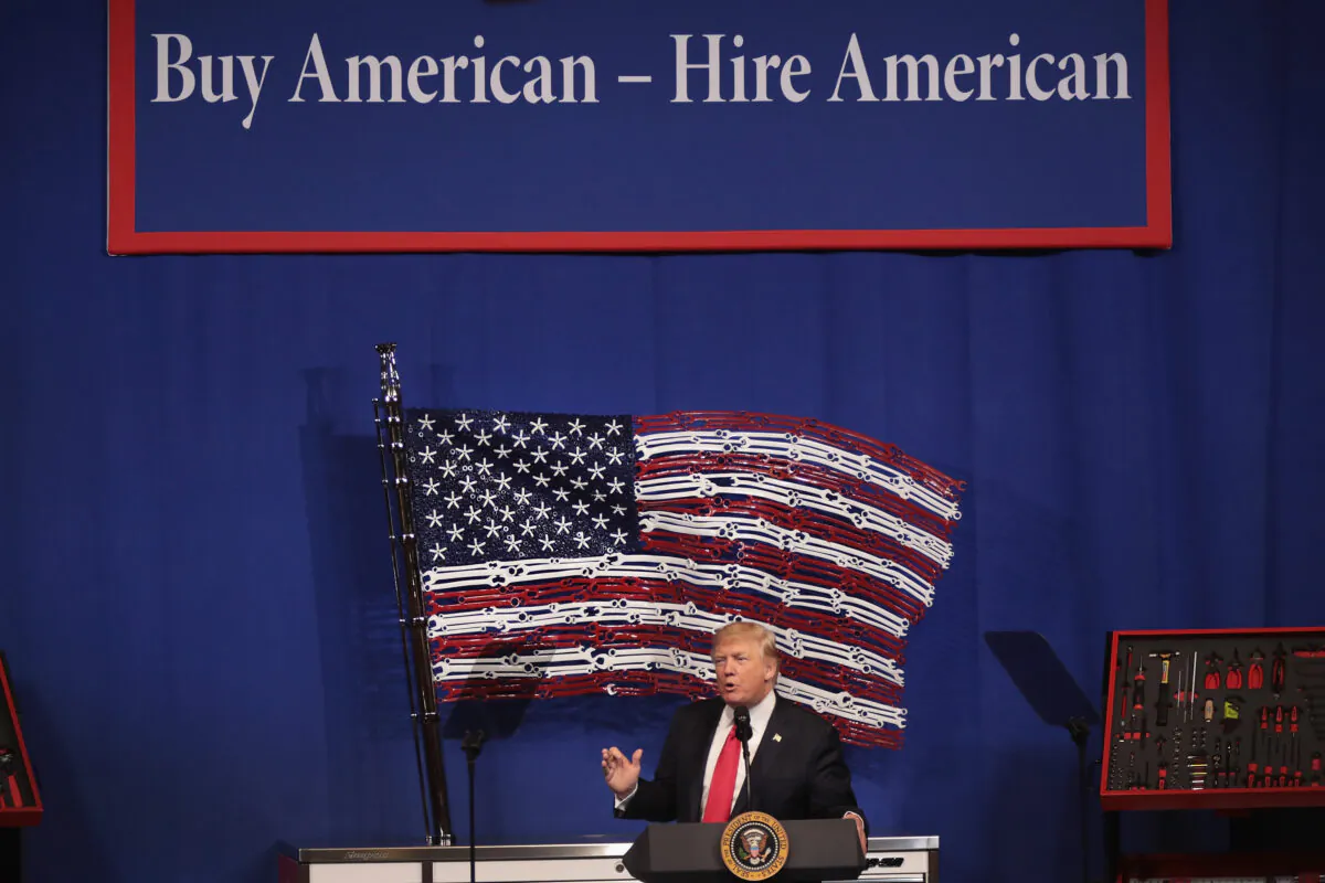 President Donald Trump speaks to workers at the headquarters of tool manufacturer Snap-On in Kenosha, Wisconsin on April 18, 2017. (Scott Olson/Getty Images)