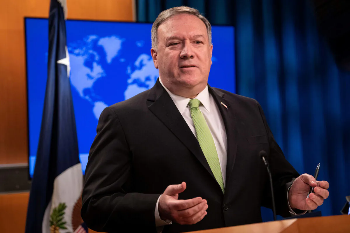 Secretary of State Mike Pompeo speaks to the media at the State Department in Washington, DC, on May 20, 2020. (Nicholas Kamm/Pool via Reuters)