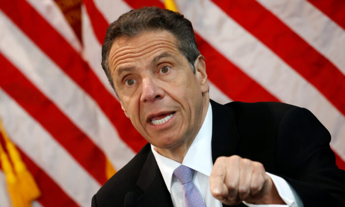 New York Gov. Andrew Cuomo speaks at his daily briefing at New York Medical College during the outbreak of the CCP virus in Valhalla, N.Y., on May 7, 2020. (Mike Segar/Reuters)