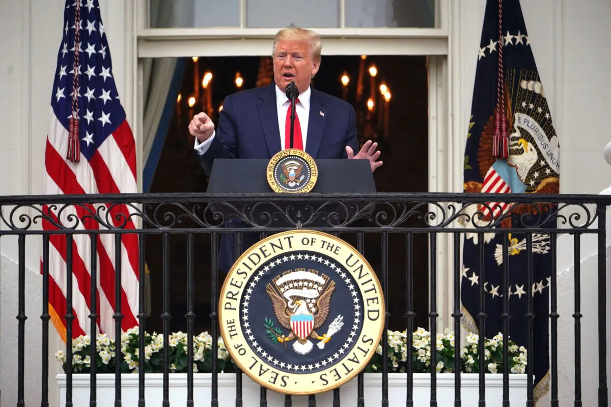 President Donald Trump speaks during the "Rolling to Remember Ceremony: Honoring Our Nations Veterans and POW/MIA" from the Truman Balcony at the White House in Washington, on May 22, 2020. (Mandel Ngan/AFP via Getty Images)