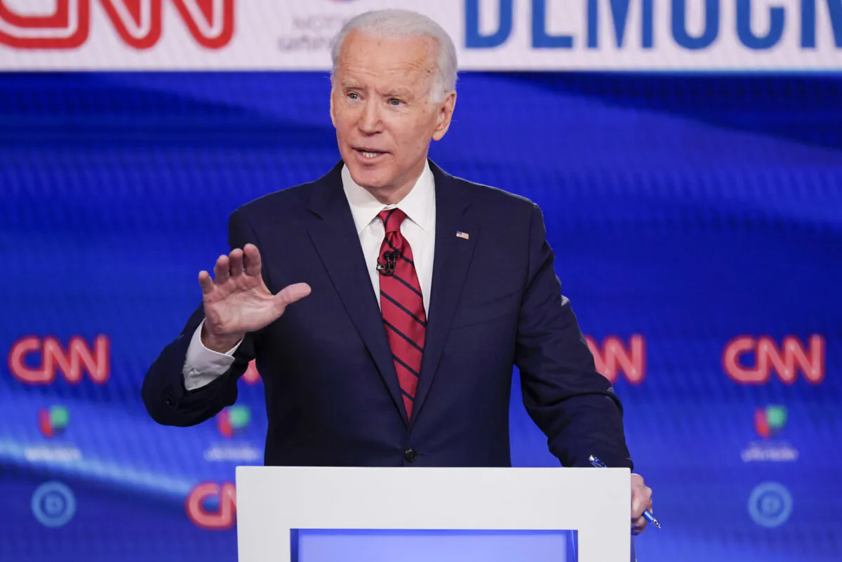 Former Vice President Joe Biden participates in a Democratic presidential primary debate at CNN Studios in Washington on March 15, 2020. (Evan Vucci/AP Photo)