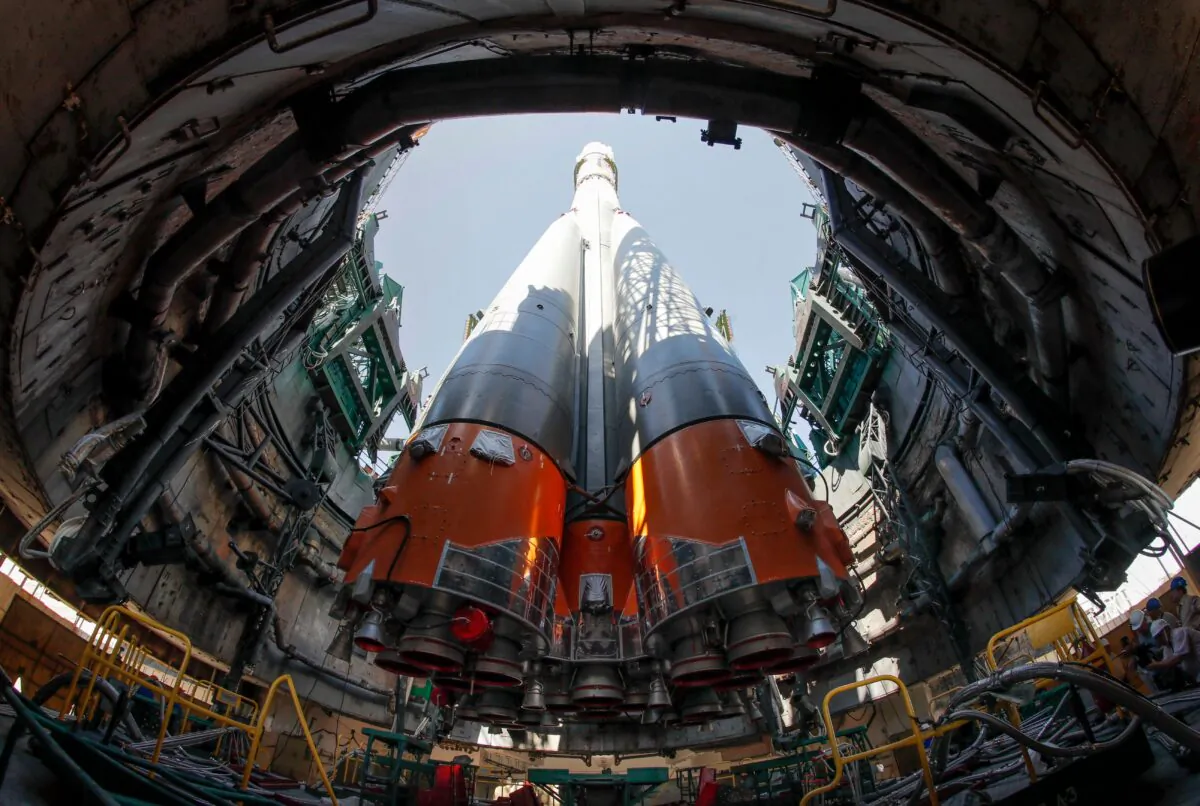 The Soyuz MS-13 spacecraft is mounted on the launch pad at the Russian-leased Baikonur cosmodrome in Kazakhstan on July 18, 2019. (Dmitry Lovetsky/POOL/AFP via Getty Images)