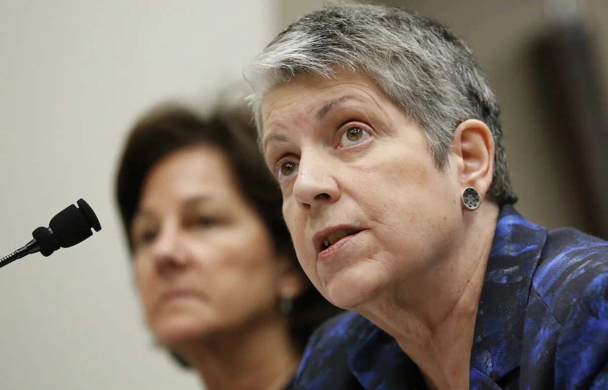 University of California President Janet Napolitano at a Joint Legislative Audit Committee in Sacramento, Calif., on May 2, 2017. (AP Photo/Rich Pedroncelli, file)