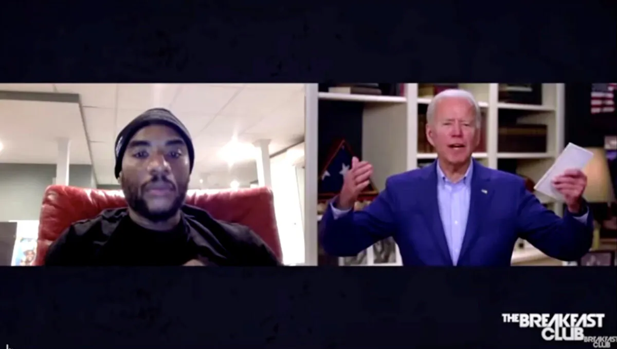 Democratic presidential candidate and former Vice President Joe Biden is seen in an image captured from video as he participates in a remote video interview with "The Breakfast Club" radio co-host "Charlamagne tha God" from Biden's home in Wilmington, Del., on May 22, 2020. (The Breakfast Club on Power 105.1/Handout via Reuters)
